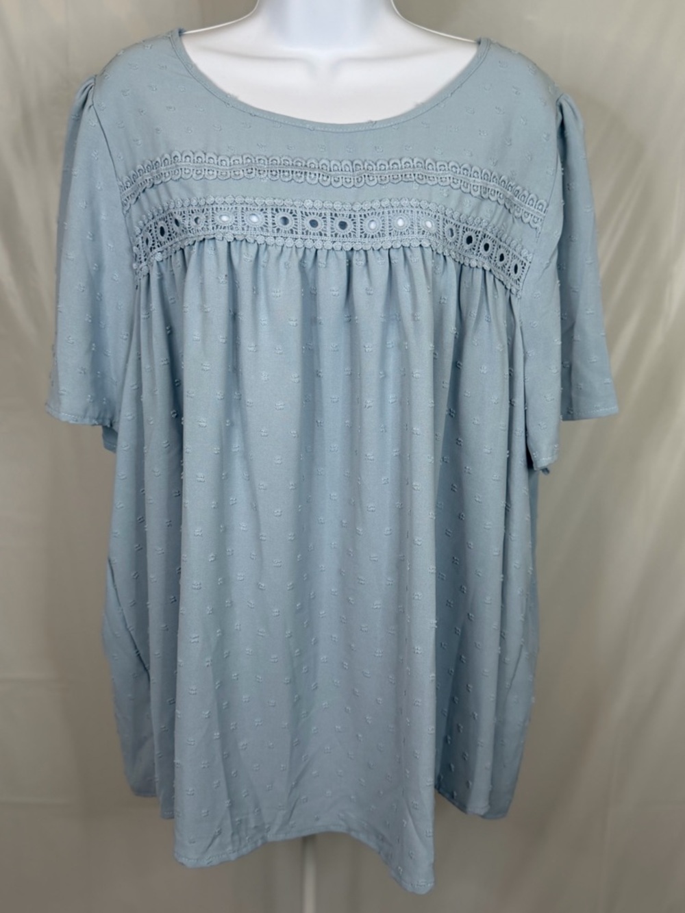 Blue Swiss Dot Blouse 3X Short Sleeve Textured Flowy Plus Size Babydoll Top